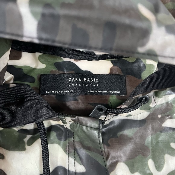 ZARA BASIC Camouflage Hooded Rain Jacket Green Black Brown Men's M Zip Casual - Picture 4 of 6